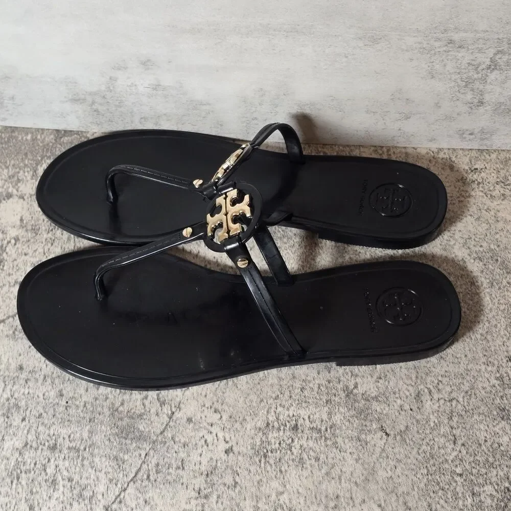 Tory Burch Black Jelly Miller Thong Sandals with Gold Logo